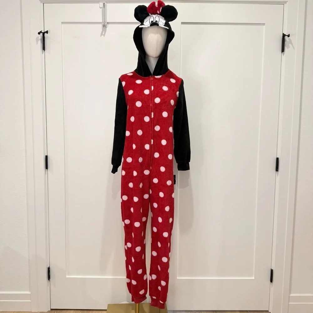 Disney Minnie Mouse Women’s Onesie Pajamas Medium Jumpsuit Red Polka Dot Costume - Picture 2 of 11